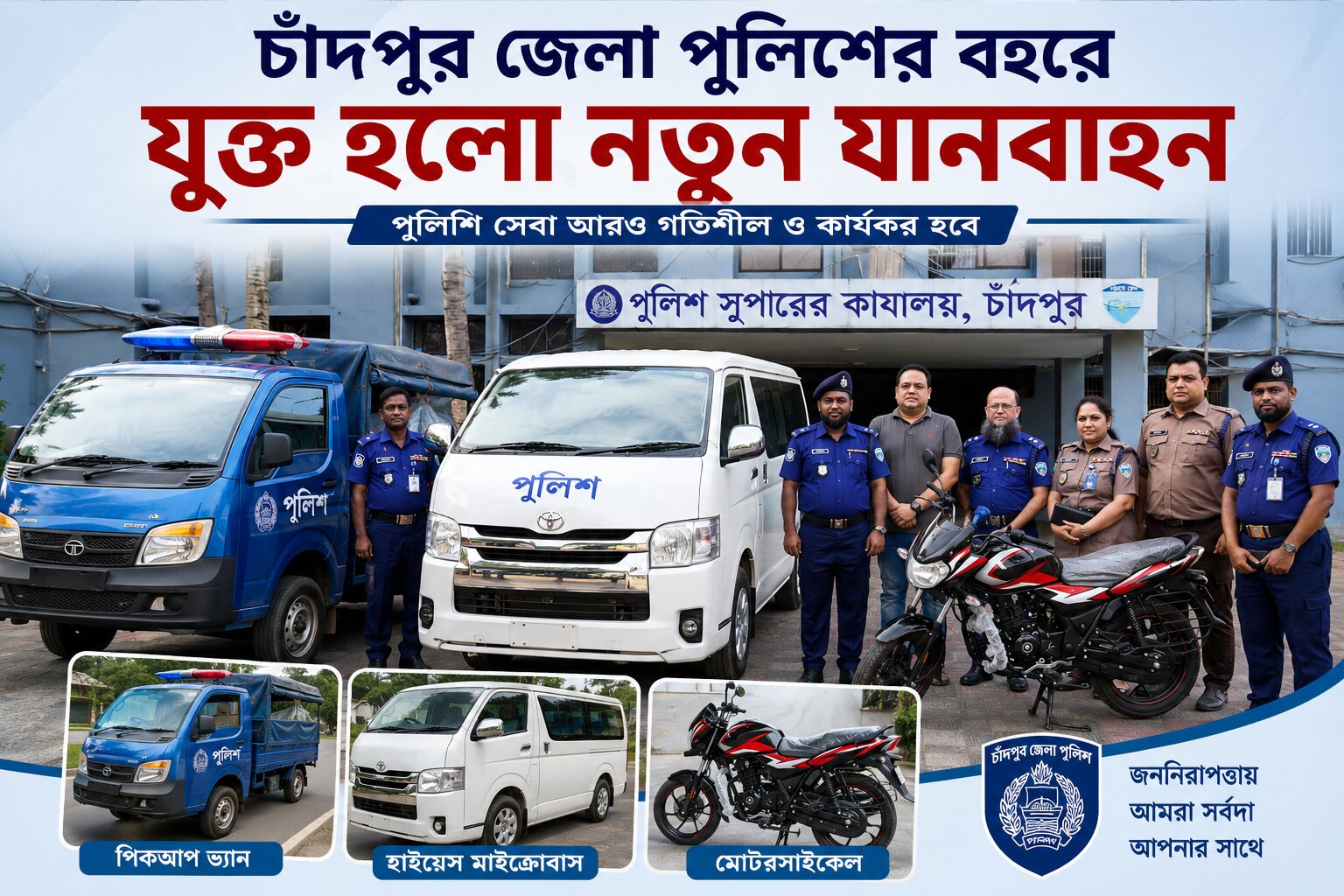 চাঁদপুর জেলা পুলিশের বহরে যুক্ত হলো পিকআপ ভ্যান,হাইয়েস মাইক্রোবাস ও মোটরসাইকেল