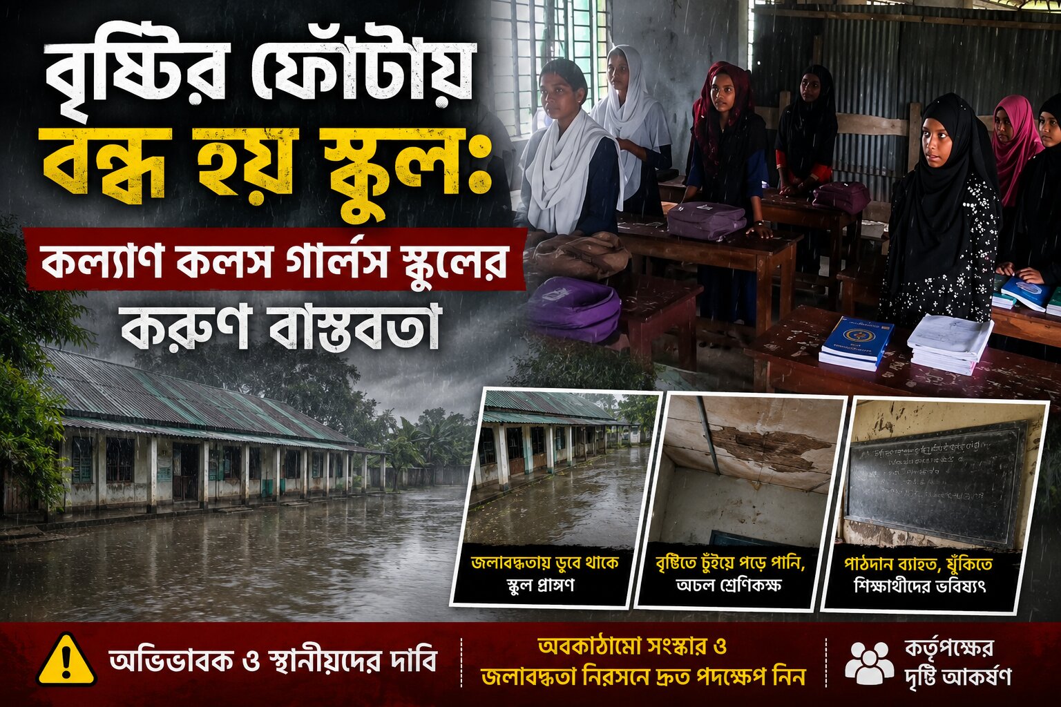 একটু বৃষ্টিতেই বন্ধ হয় পাঠদান: গলাচিপার কল্যাণ কলস গার্লস স্কুলের করুণ দশা