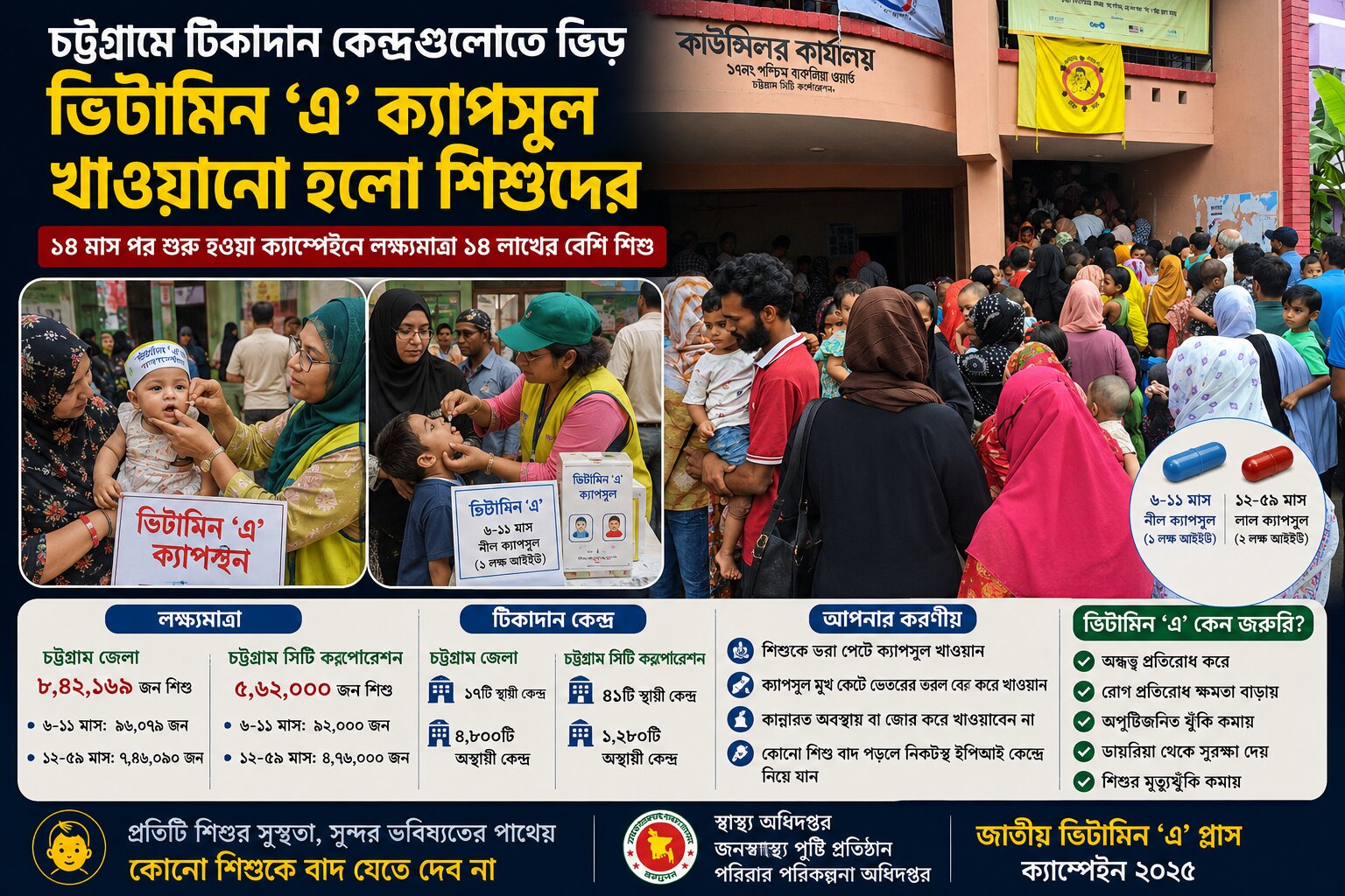 চট্টগ্রামে টিকাদান কেন্দ্র গুলোতে ভিড়, ভিটামিন ‘এ’ ক্যাপসুল খাওয়ানো হলো শিশুদের