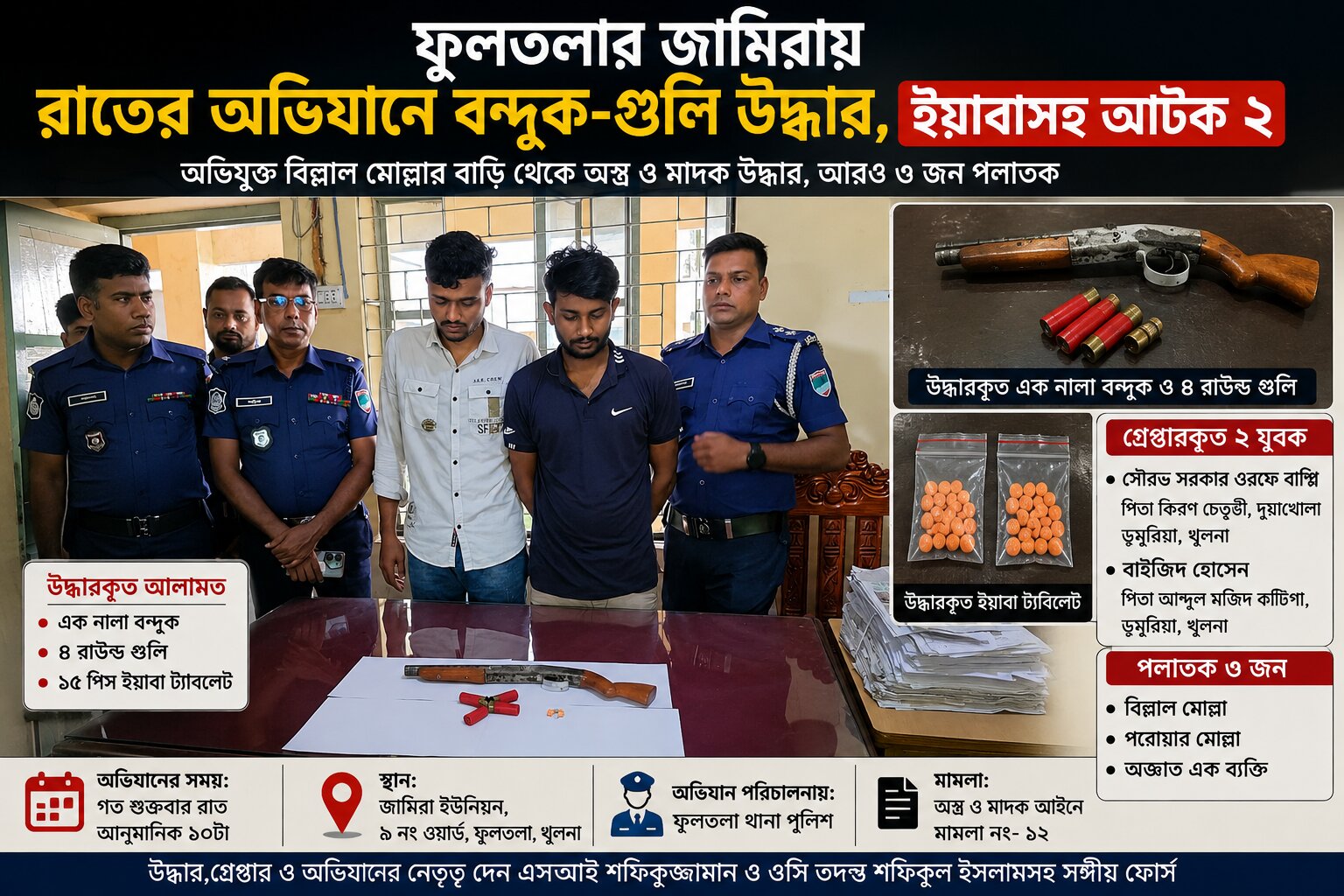 খুলনা ফুলতলার জামিরা গ্রামের মাদক সন্ত্রাস বিল্লালের বাসগৃহ হতে অস্ত্র ও মাদক উদ্ধার