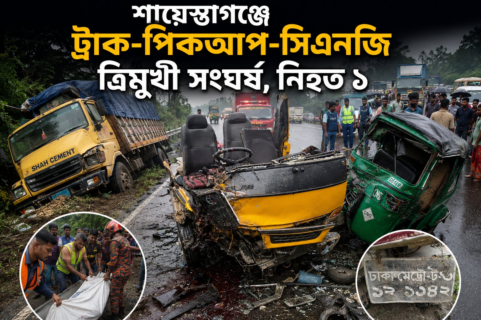 শায়েস্তাগঞ্জে ঢাকা – সিলেট মহাসড়কে ট্রাক -পিকআপ ভ্যান – অটোরিকশা সিএনজি ত্রিমুখী সংঘর্ষে নিহত – ১, আহত – ৩