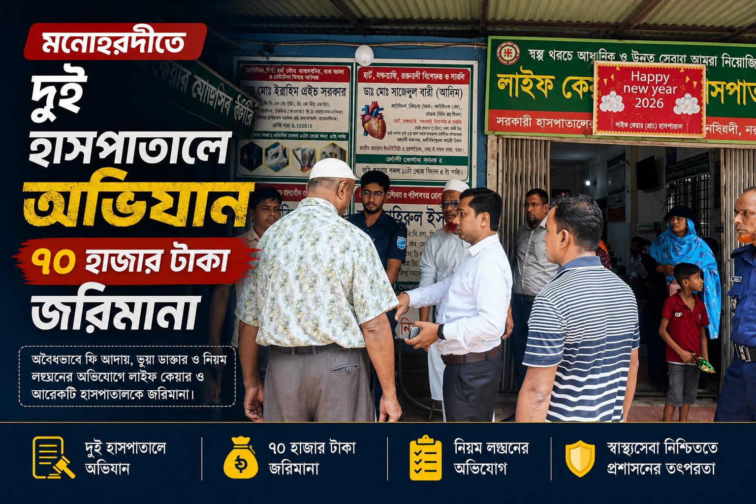 মনোহরদীতে দুই হাসপাতালে অভিযান : ৭০ হাজার টাকা জরিমানা