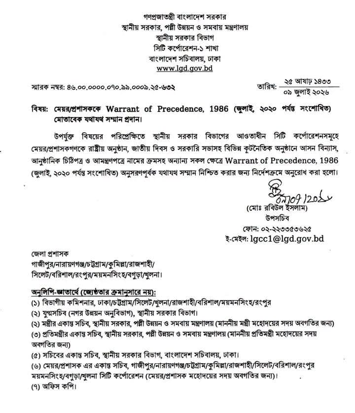 রাজশাহী সিটি প্রশাসকের মর্যাদা নির্ধারণে সরকারের প্রজ্ঞাপন জারি