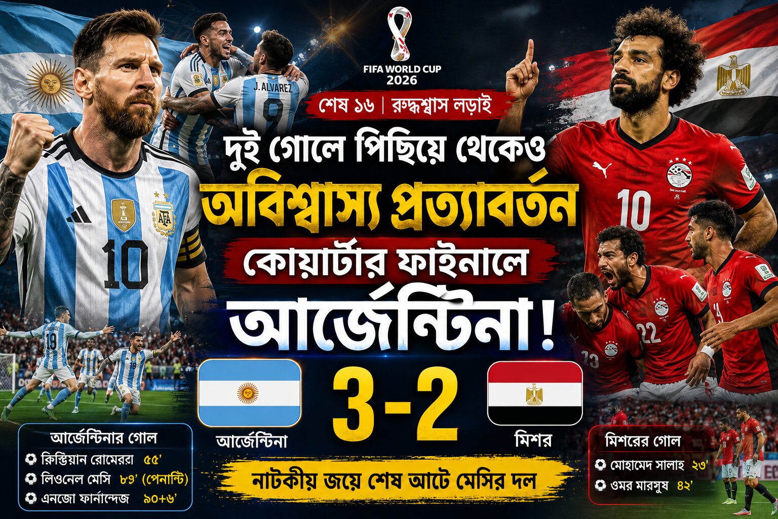 আর্জেন্টিনার অবিশ্বাস্য প্রত্যাবর্তন, মিশরকে হারিয়ে কোয়ার্টার ফাইনালে আর্জেন্টিনা